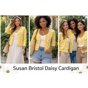 Susan Bristol Yellow Daisy Embroidered Cardigan Sweater | Large | Vintage Cottag